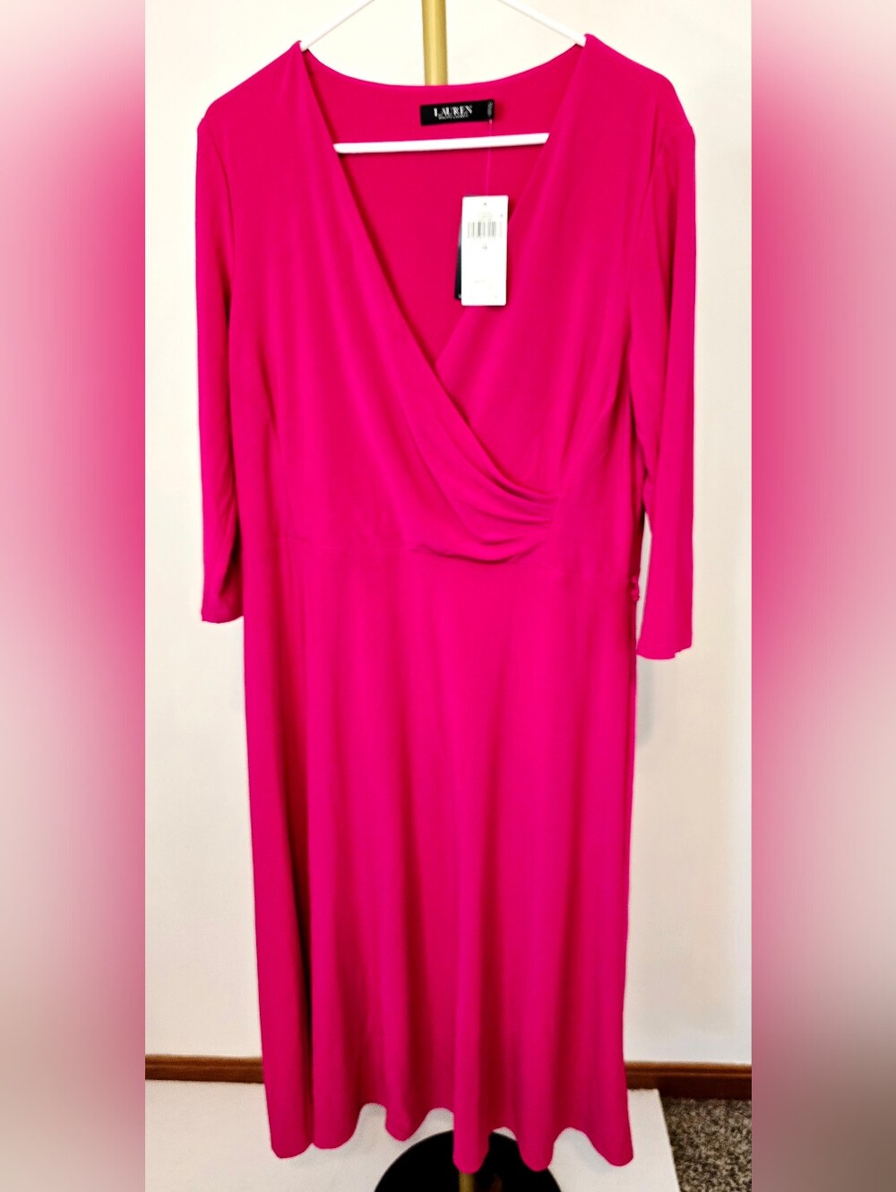 Lauren Ralph Lauren Faux Wrap Midi Dress Pink Church Career Wedding Guest Modest - Picture 2 of 6